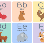 Alphabet cards with letters A-F and corresponding animals that start with each letter