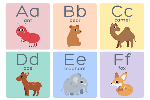 Alphabet cards with letters A-F and corresponding animals that start with each letter