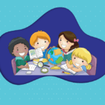 Cartoon image of four children sitting around a globe, with books, a compass, and a magnifying glass on the table