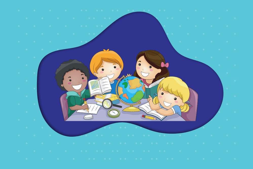 Cartoon image of four children sitting around a globe, with books, a compass, and a magnifying glass on the table