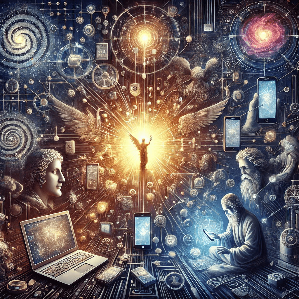 An image blending modern technology symbols like smartphones and laptops with ancient symbols of wisdom such as scrolls, books, and philosophical figures. A soft glow emanates from the ancient elements, highlighting their enduring importance amidst the digital chaos