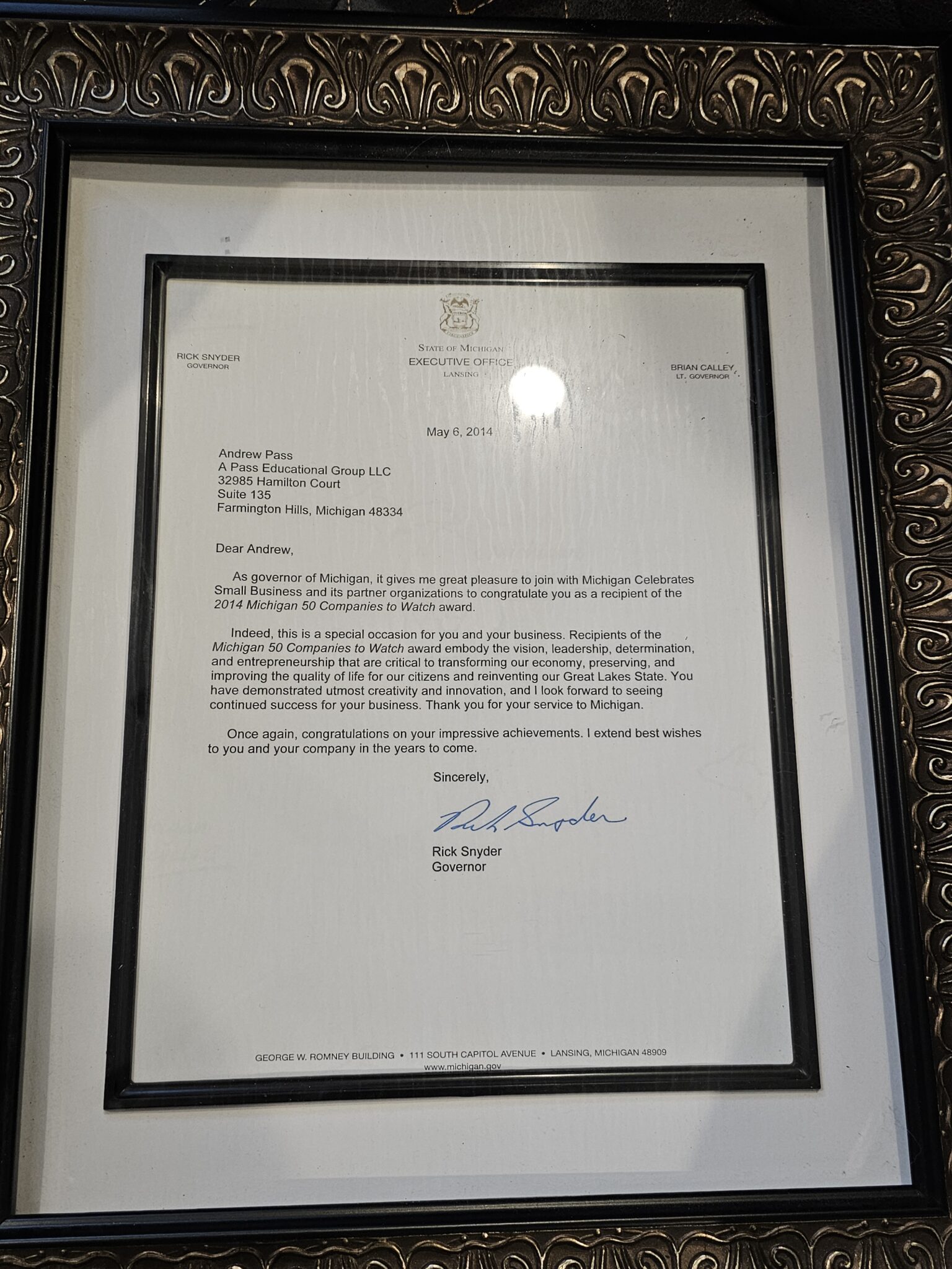 Letter from Michigan governor Rick Snyder recognizing A Pass Educational Group as a 2014 Michigan 50 Companies to Watch